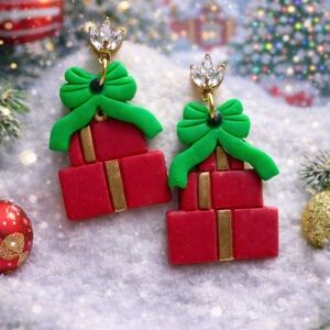 Festive Red & Green Gift Box Handmade Polymer Clay Earrings